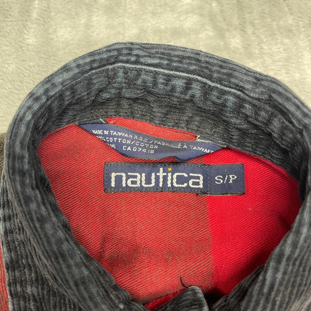 Vtg Nautica Flannel Shirt Mens Small Red Green Plaid Corduroy Collar Button-Up - Picture 5 of 6